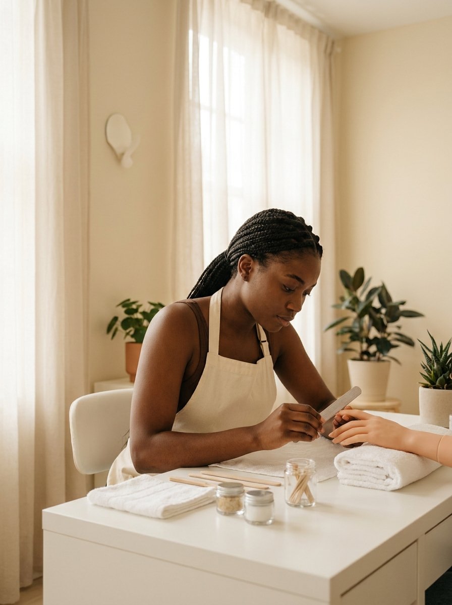 A student practising supervised nail preparation at a clean Ladysentials training desk.