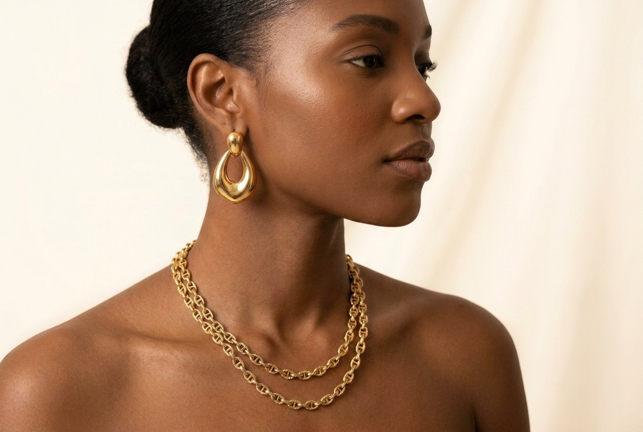 Editorial portrait of a woman in three-quarter profile wearing a bold gold drop earring and two layered gold chain necklaces